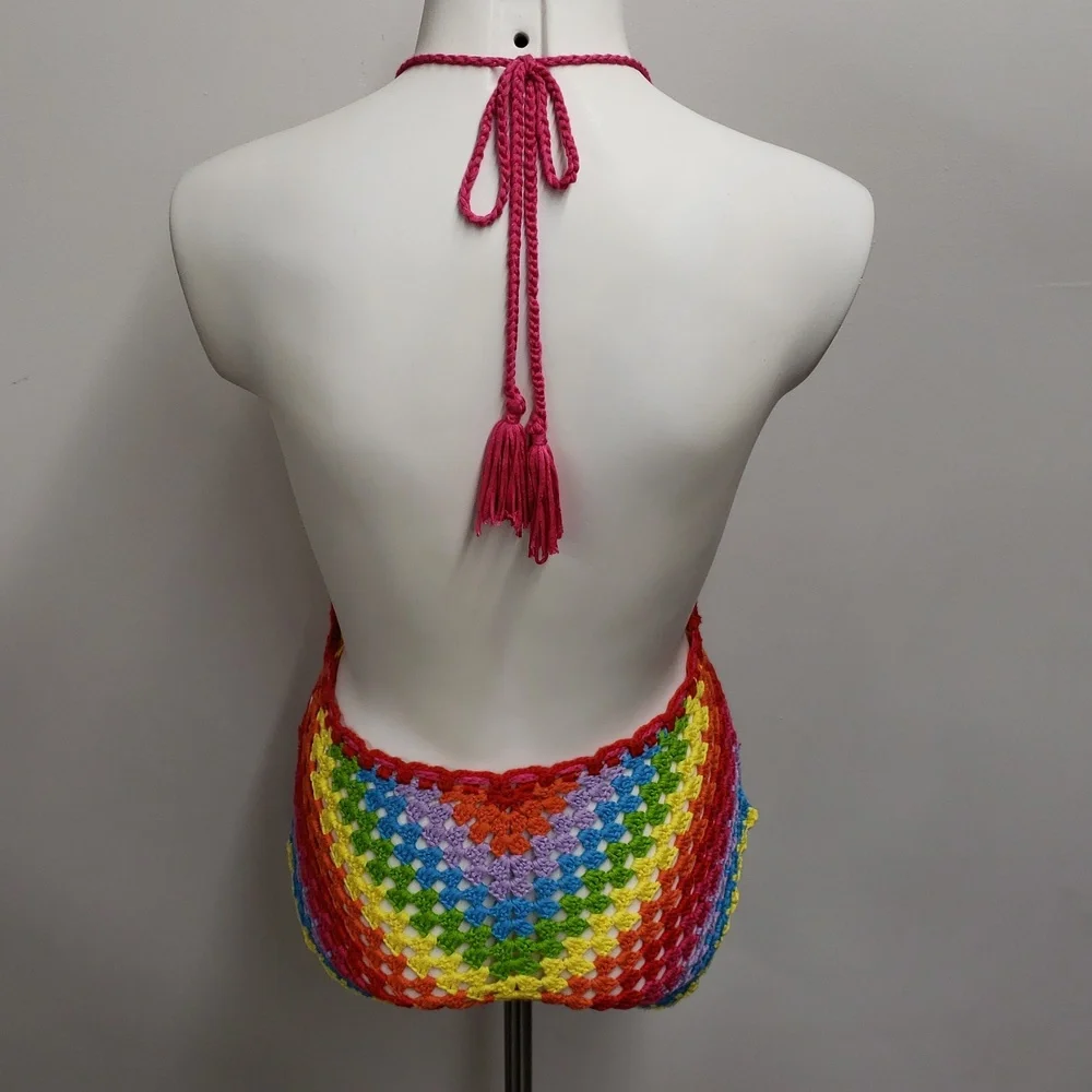 Color Block Open Knit Tassel Tie Backless Knot Waist Cami Romper Women's Size 6 - Picture 7 of 13